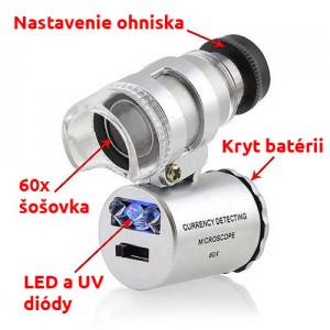 Mini microscop 60x cu LED și iluminare de fundal UV